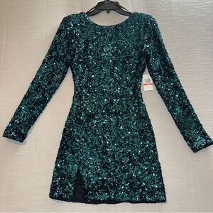 Dress The Population Women's Deep Emerald Round-Neck Sequin Mini Dress Size XS